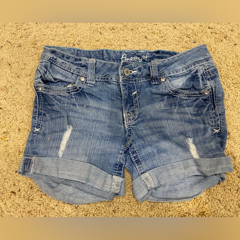 Amethyst Jeans Distressed Denim Shorts Size 5 Blue Cuffed Stretch 0264